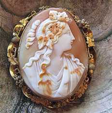 Museum Quality multi colors carnelian shell Bacchantes head Big Gold or Gold filled super decorative brooch. Circa 1890