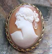 Classic carved Carnelian shell Russian girls profile circa 1915 Gold Plated (?) filigree Brooch/Pendant. Signed by the Artist