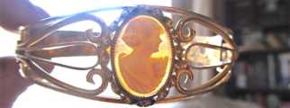 Hand carved shell with flower ornament. Art Nouveau Gold gilded Bracelet circa 1925.