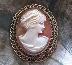 Quality carnelian shell hand carving - young woman profile Gold filled filigree brooch/pendant signed by the Artist.