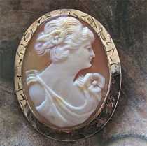 Great Victorian Antique superiorly carved shell Beauty profile Marked Gold filled etched Pendant circa 1890-1910