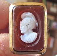 Red Gold filled Ring Size 6 from the 1890’s Carved Red Agate stone image of warrior