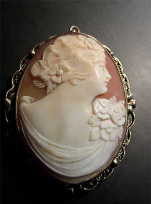 Circa 1930 12K Gold Filled (marked 1/20 12K) Huge Cameo in Brooch/Pendant Filigree Frame