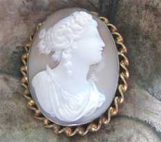Circa 1885 Victorian Antique - carved shell depict Bacchante. Big unmarked Gold(?)/Gold plated “twisted rope” brooch.