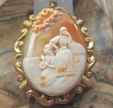 Two women at the lake Carnelian 3 levels shell circa 1865 Huge filigree Pinchbeck/ Gold filled Brooch/Pendant