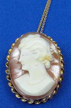 NINA”- Portrait Vintage 12K GF Brooch/Pendant Hand carved designer AMCO Cameo with 10K Solid Marked 16” Gold Chain
