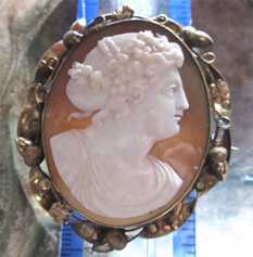 Museum quality Victorian Apollo Sardonyx shell image circa 1850 Acorn & leaves unmarked Gold/Gold filled(?) brooch.