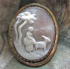 Craftily carved Sardonyx shell depict woman with goat landscape Victorian Gold plated Brooch Circa 1875
