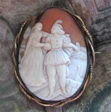 Huge shell with William Shakespeare Romeo & Julia scene Etched Gold plated Victorian Brooch Circa 1875