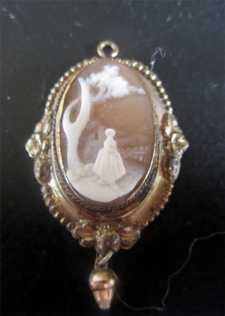 Landscape of Woman at the Oak tree. Circa 1880 Little Shell cameo in Gold or GF Unique Frame Pendant.