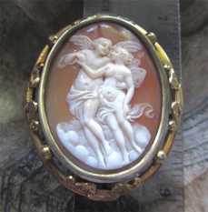 Extraordinary carved shell Eros & Psyche from the UK circa 1880 Huge Unmarked Museum Quality Gold(?)/Pinchbeck Brooch.