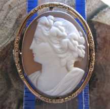 Victorian well carved Sardonyx shell circa 1880 depict Bacchante Unmarked Gold(?)/Gold plated double framed brooch.