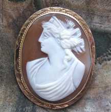 Circa 1895 well carved Victorian shell. Signed by the Artist Unmarked Gold(?)/Gold plated etched brooch.