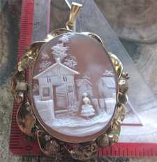 Big Quality Landscape woman at the village street. Circa 1890 Gold or GF amazing“twisted rope” Brooch/Pendant with fruits.