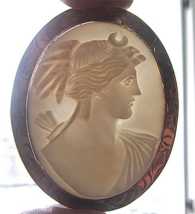 Hand carved Diana - Goddess Youth & Hunting circa 1915 In the big etched Gold plated brooch