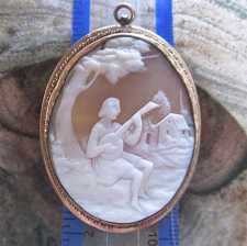 The village street scene - Peasant playing music at the tree. Big Gold or Gold Filled Brooch/Pendant Circa 1890