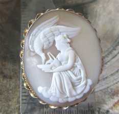 Greek goddess feeding the Eagle (God Zeus), carved light shell Victorian Gold(?)/Gold filled brooch, circa 1890-1910.