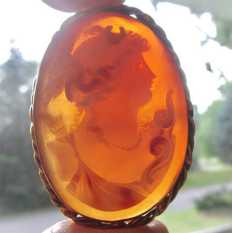 Diana Goddess of Hunting & Purity quality carnelian shell carving. Victorian/Edwardian Gold/Gold plated brooch circa 1900-1910