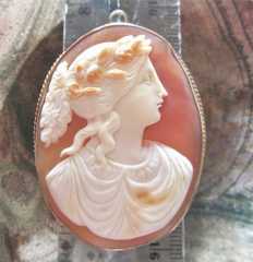 Almost Museum Quality Greek Beauty carnelian shell carving. Victorian Gold/Gold plated circa 1880 brooch/pendant