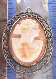 Edwardian Art Deco hand carved Carnelian shell Beauty from the 1915-1930, In the filigree Silver Vermeil (Gold washed - some gold is lost) pendant