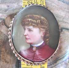 XL Victorian circa 1880-1890 hand painting portrait of woman. Huge porcelain watercolor in Gold or Gold Filled Brooch