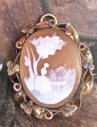 Circa 1890 well carved, shell landscape scene women at the bench Victorian Gold/Gold gilded decorated bezel brooch/pedant.