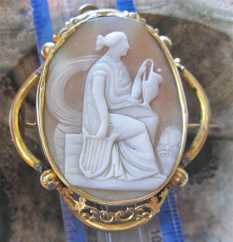 Hebe - Greek Goddess of Youth, Cupbearer of the Gods carved shell Victorian Pinchbeck brooch/pendant, circa 1860. Signed