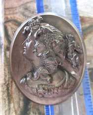 Biedermeier style Gutta Percha carved Bacchante. Gold washed Brooch C class clasp. Circa 1875.
