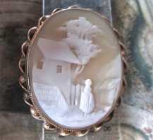 Well carved Antique shell depict Woman in the country landscape Big Gold/Gold Filled twisted rope Brooch. Circa 1880-1890.