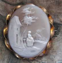Carved shell Antique scene of Woman in the country landscape Gold/Gold Filled twisted rope Brooch. Circa 1890.