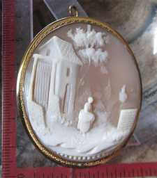 Antique quality carving village scene - Rebecca at well classic. Huge Gold/Gold Plated Brooch/Pendant. Circa 1875.