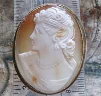 Hand carved Vintage Conch shell depict cute profile. Signed by the Artist Unmarked Gold washed(?)/Gold chain brooch/pendant. Circa 1935