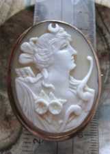 Goddess Diana - Victorian deep shell carving circa 1885 Big Gold plated (?) brooch from UK Action.