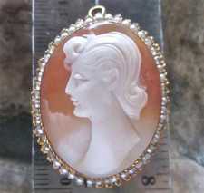 Circa 1940-1955 Stylish greatly carved shell from Italian collection In the Gold/Gold plated brooch/pendant with natural pearls .