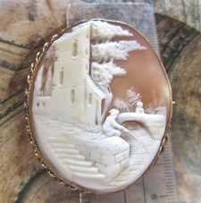 Country landscape- house & fisherman at the bridge Gold filled Brooch. Museum quality
