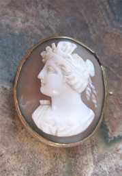 Early Victorian well carved Goddess Psyche sardonyx shell In the Pinchbeck/Gold covered metal circa 1860