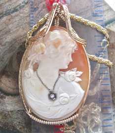 Huge Museum Quality late Edwardian shell carving from 1920th. 14K Gold Rolled pendant with old European Diamond & 20” chain.