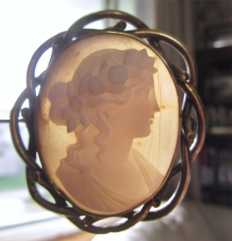 Circa 1895 Museum profile - Greatly carving shell. Pinchbeck big filigree Victorian Brooch.