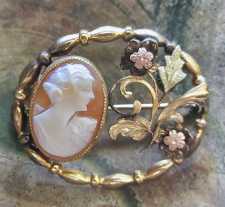 Edwardian Beauty carved in the shell from WWI times - rear design Embedded in the yellow, red & green gold(?) or plated brooch