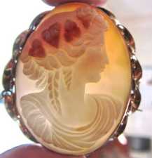 Museum Quality Bacchante - Greatly carving multi leveled shell. Gold plated big filigree Victorian Circa 1875 Brooch from UK.