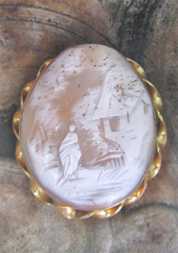 Hand carved Sardonyx shell - women at the house landscape Late Victorian Gold gilded bezel brooch circa 1890-1910