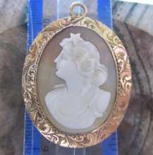 Circa 1910 -1930 Carved Classic Edwardian Goddess Sardonyx shell Unmarked Antique Gold/Gold plated decorated brooch/pendant.