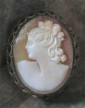 Great hand carved shell profile circa 1910-1935. Signed by Artist Marked Filigree decorative Gold Washed Brooch/Pendant.