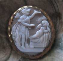 Museum Antique from XVIII or earlier large Sardonyx shell Carved Goddess Psyche & cherub in pinchbeck or gilded brooch