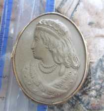 Victorian coronation 1837-1840 Lava shell. Unmarked Pinchbeck brooch UK.