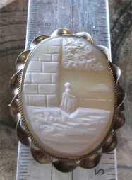 Hand carved Sardonyx shell - women at the house landscape Late Victorian Gold gilded bezel brooch circa 1890