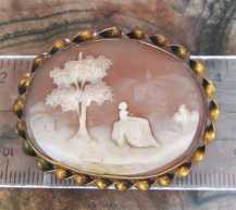 Well carved Antique shell sitting Woman in the country landscape Gold(?)/Gold Filled twisted rope Brooch. Circa 1880-1890.