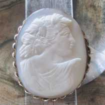 Huge Bacchante - from 1850-1870 hand carved Light Shell. Unmarked Gold/Gold plated twisted rope brooch.