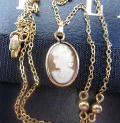 Edwardian Vintage 12K GF Pendant Hand carved cameo 12K GF Marked 16” Chain