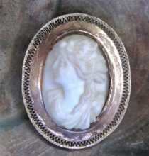 Greatly carved high relief white Coral Bacchante profile. Gold plated(?) filigree brooch circa 1890-1910